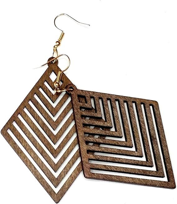 Large Lightweight Brown Wood Geometric Rhombus Drop Earrings | Amazon (US)