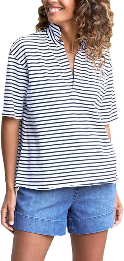 Womens Short Sleeve Shirts Lapel V Neck Pullover Tops Solid Color/Striped Dressy Casual Blouses | Amazon (US)