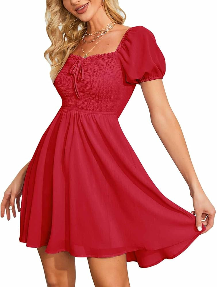Byinns Women's Sweetheart Neckline Dress Smocked Sundress Puff Short Sleeve Drawstring Dresses | Amazon (US)