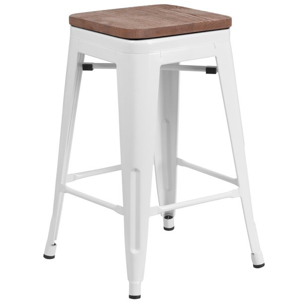 24"H Backless White Metal Counter Height Stool with Wood Seat - Walmart.com | Walmart (US)