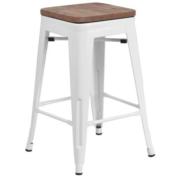 24"H Backless White Metal Counter Height Stool with Wood Seat - Walmart.com | Walmart (US)