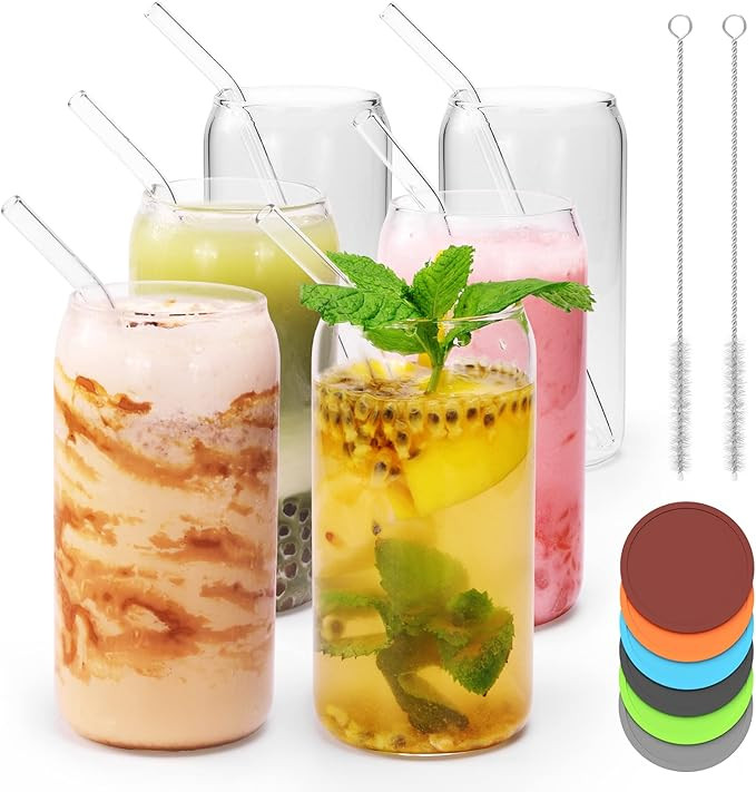Drinking Glasses with Glass Straw 6pcs Set Can Shaped Glass Cups, JSCARES 16oz Beer Glasses, Tumb... | Amazon (US)