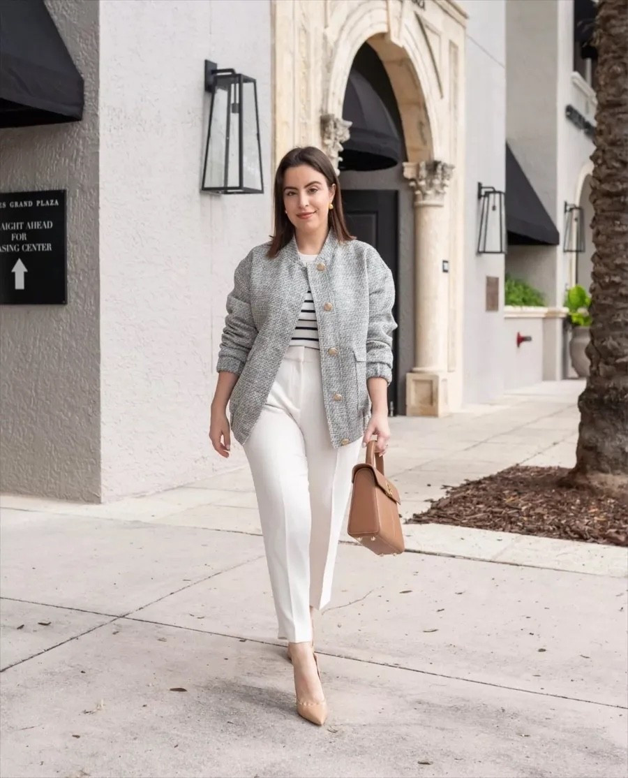 An easy office outfit formula: tweed bomber jacket, a striped top, and crisp white pleated pants. Effortless and chic without overthinking it.

minimal office style, corporate wear, business casual outfit, blazer look, workwear inspo, polished office style, work to weekend outfit

#LTKootd #LTKPetite #LTKU