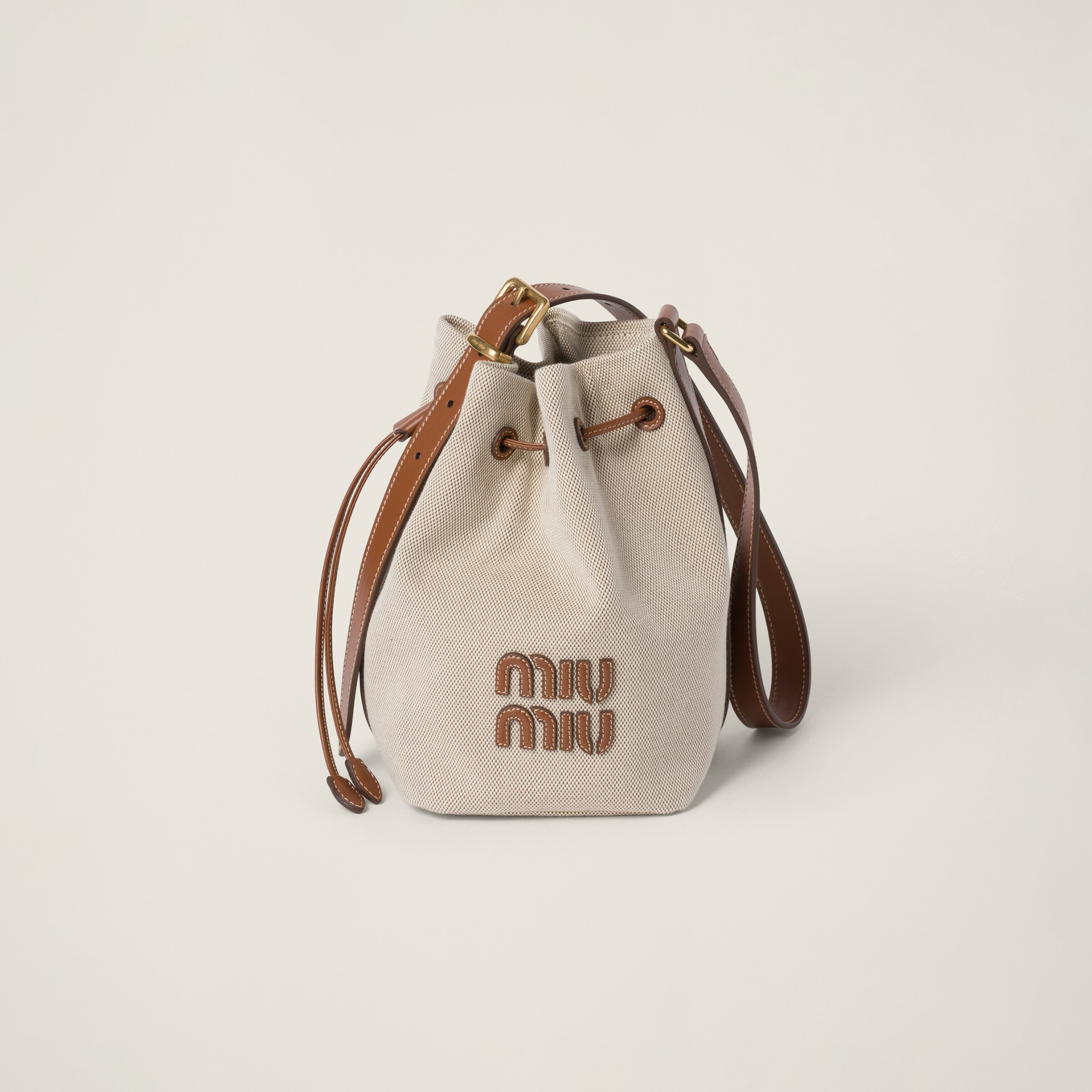 Beige/brandy Canvas And Leather Bucket Bag | Miu Miu | Miu Miu US