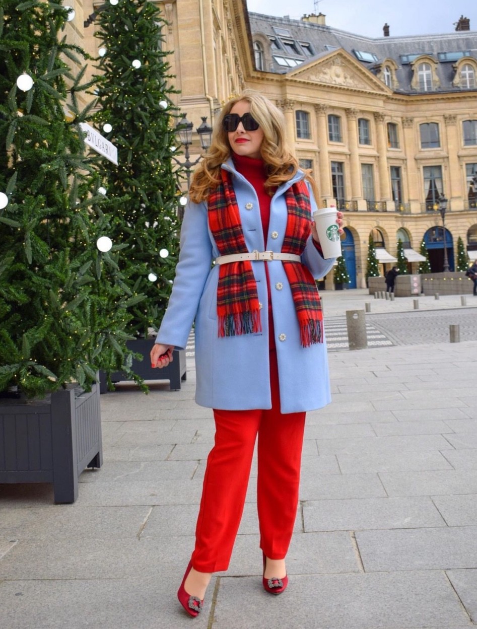 Christmas style in a baby blue wool coat with red trousers and a red tartan scarf, statement sunglasses and designer shoes 

#LTKstyletip #LTKHoliday #LTKSeasonal