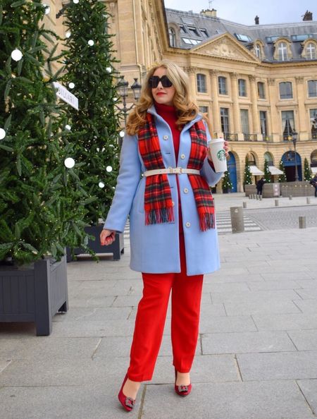 Christmas style in a baby blue wool coat with red trousers and a red tartan scarf, statement sunglasses and designer shoes 

#LTKstyletip #LTKHoliday #LTKSeasonal