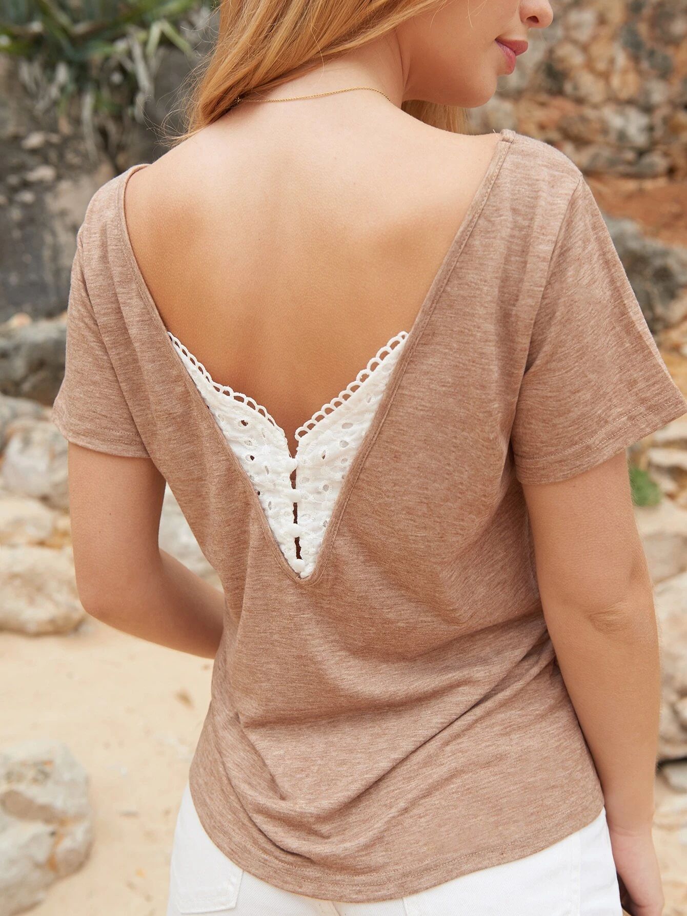 Back V-cut Eyelet Embroidered Tee | SHEIN