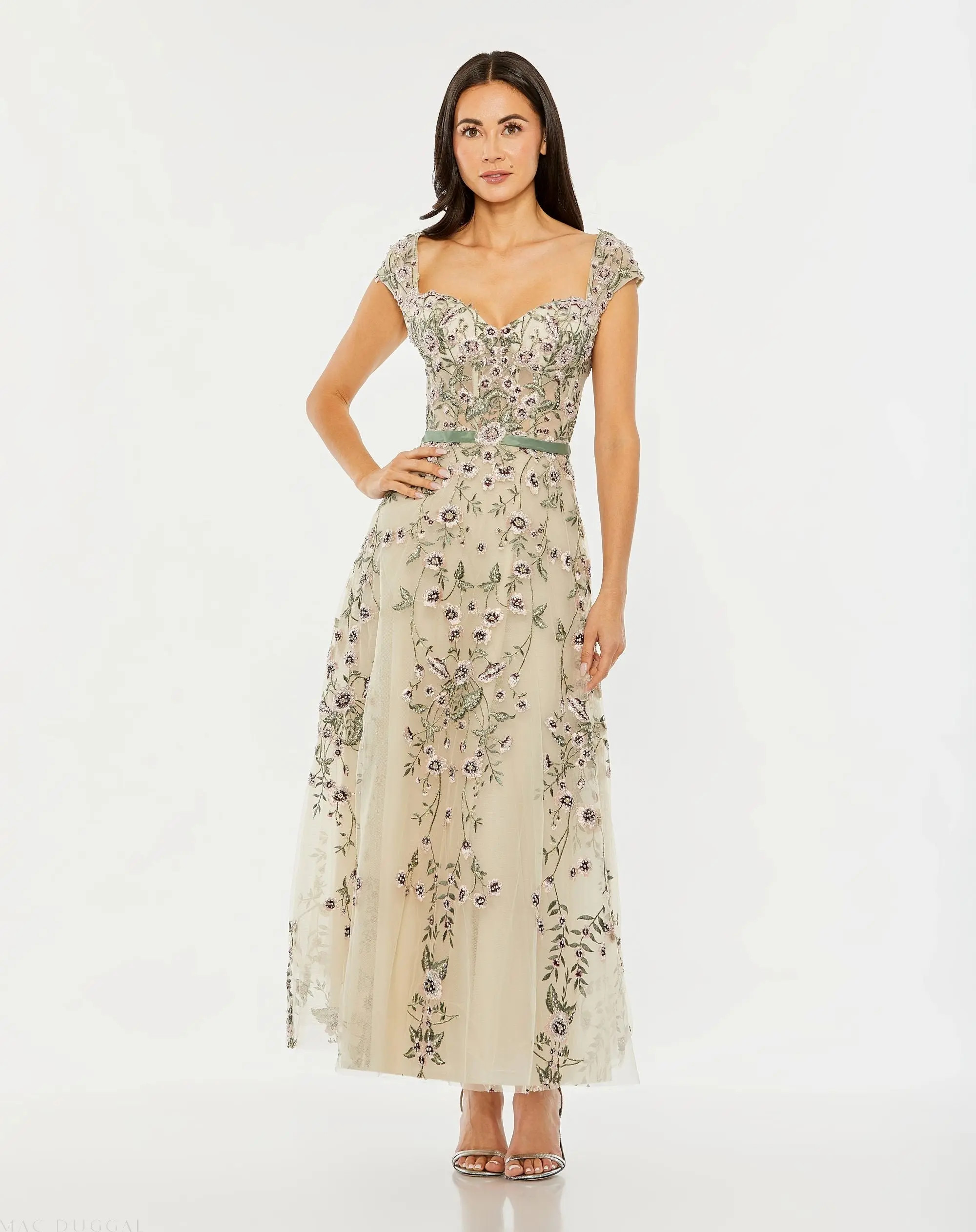 Ivory Floral Embroidered Sweetheart Neckline Midi Dress | Mac Duggal | Mac Duggal