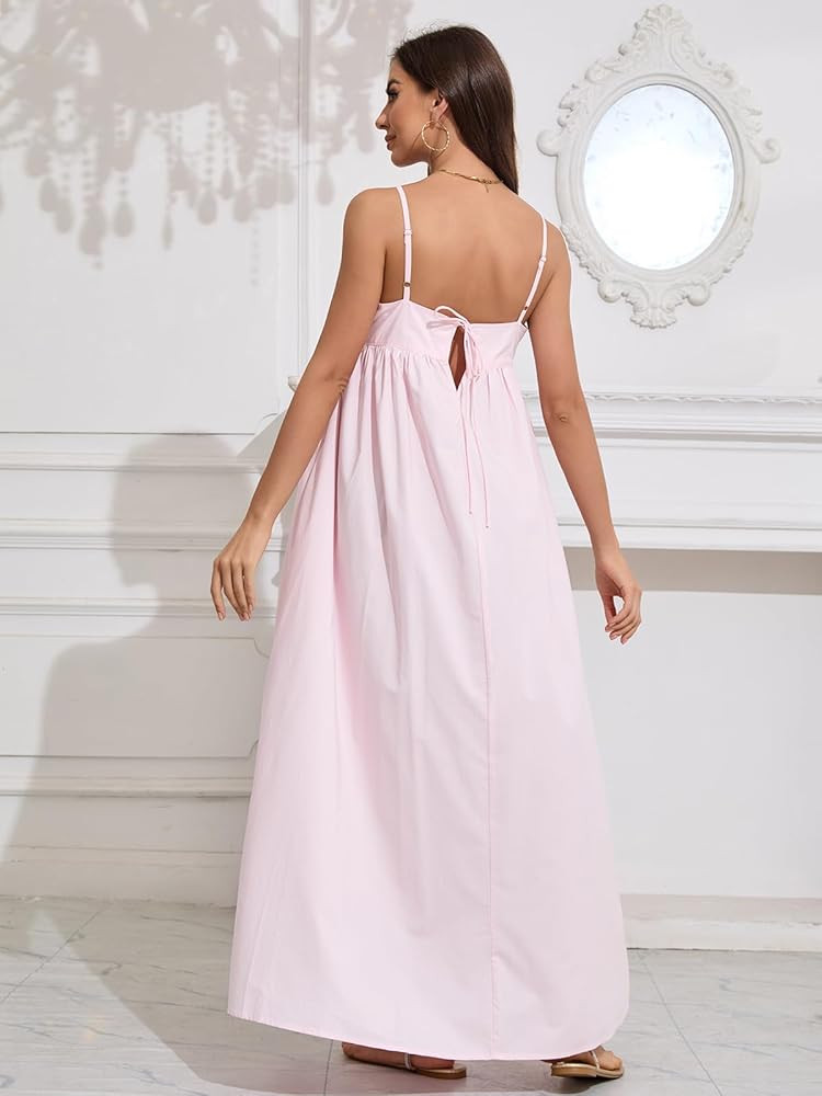 ebossy Women's Summer Backless Tied Spaghetti Straps Casual Loose Cutout Maxi Dress with Pockets | Amazon (US)