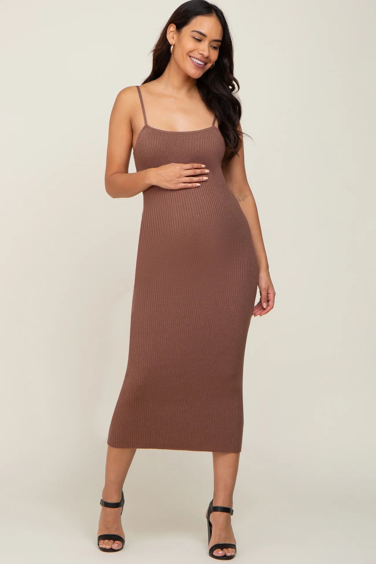 Mocha Ribbed Fitted Sleeveless Maternity Midi Dress | PinkBlush Maternity
