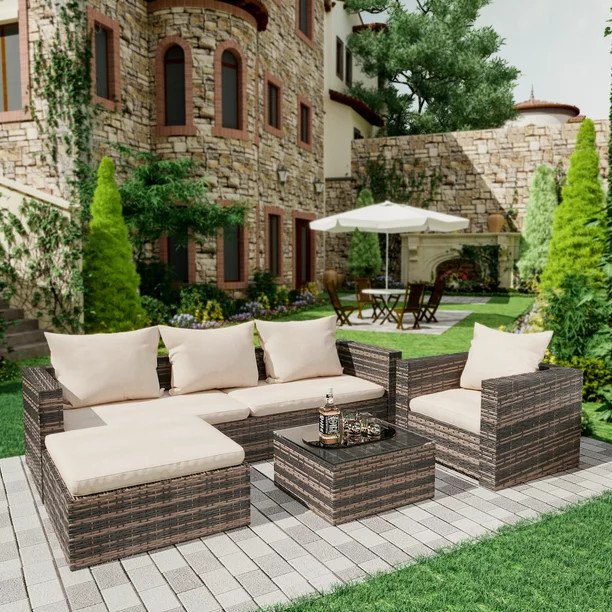 Rattan Patio Sofa Set, 4 Piece Outdoor Sectional Furniture Set, All-Weather PE Rattan Wicker Pati... | Walmart (US)