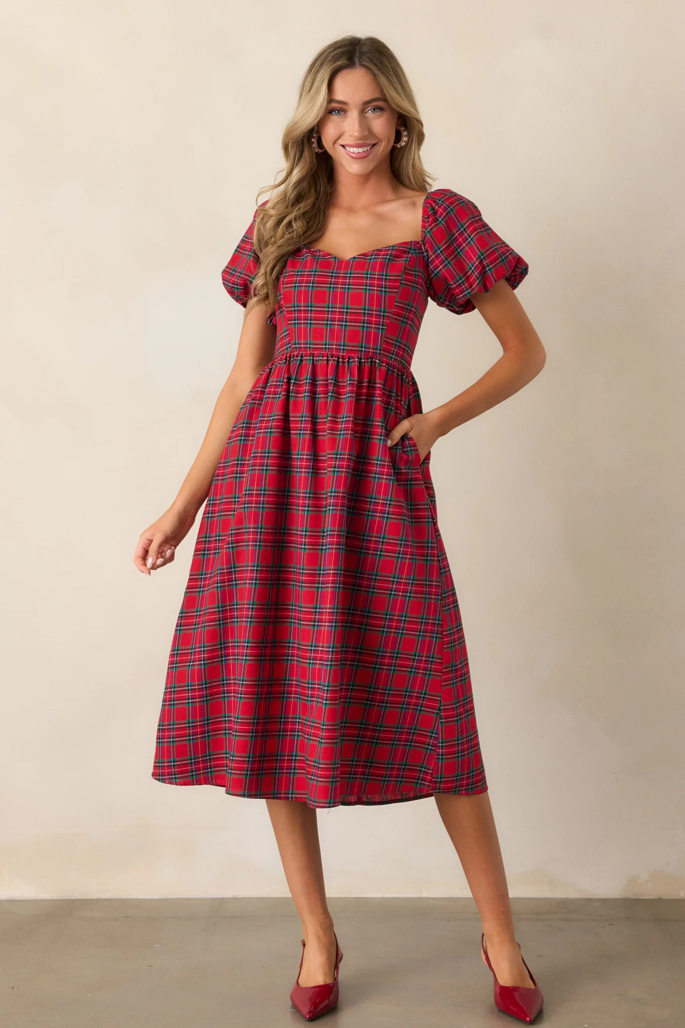 Always You 100% Cotton Red Plaid Puff Sleeve Midi Dress | Red Dress