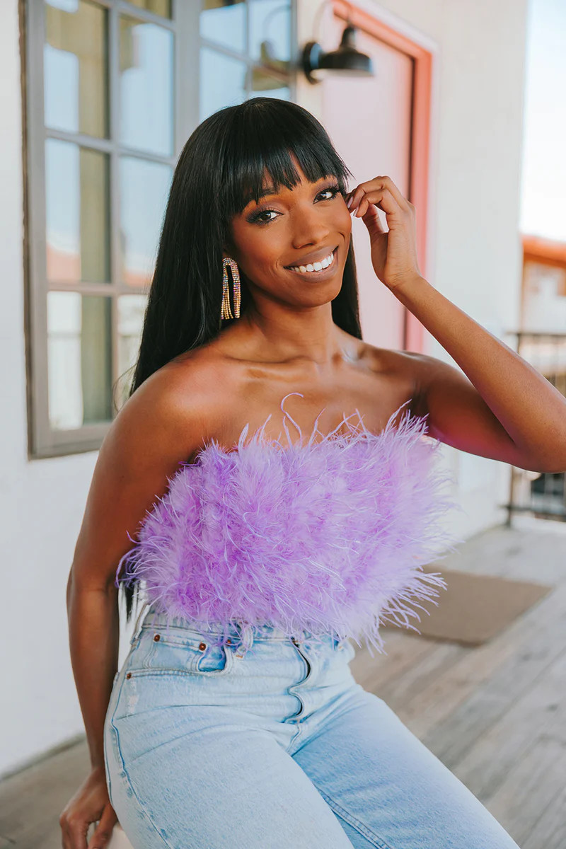 BuddyLove | Fancy Strapless Feather Crop Top | Lavender | BuddyLove