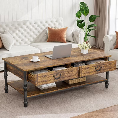 41" Wood Coffee Table with 2 Storage Drawers, Rustic Rectangular Living Room Tables w/Storage Shelf, Wooden Center Table for Living Room Office | Target