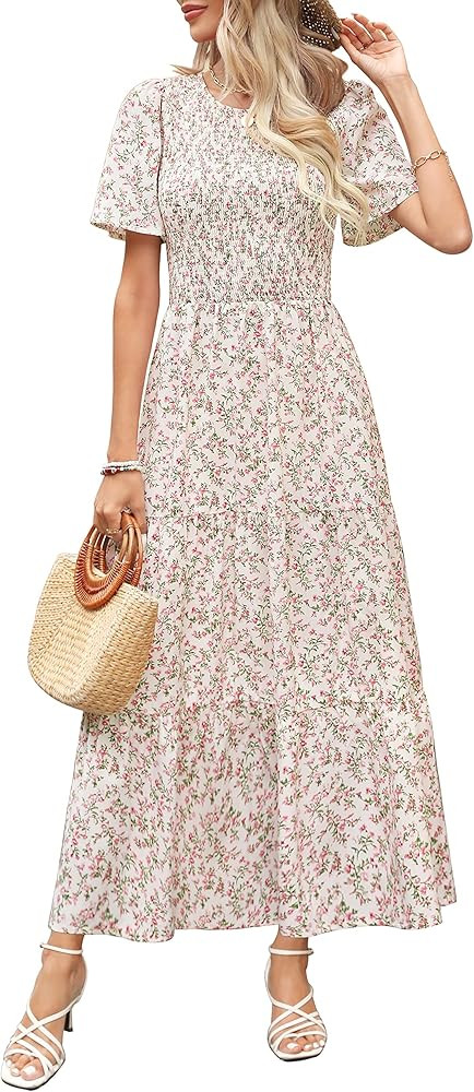 Maggeer Womens 2024 Summer Fall Smocked Wedding Guest Maxi Dress Casual Short Sleeve Floral Boho ... | Amazon (US)