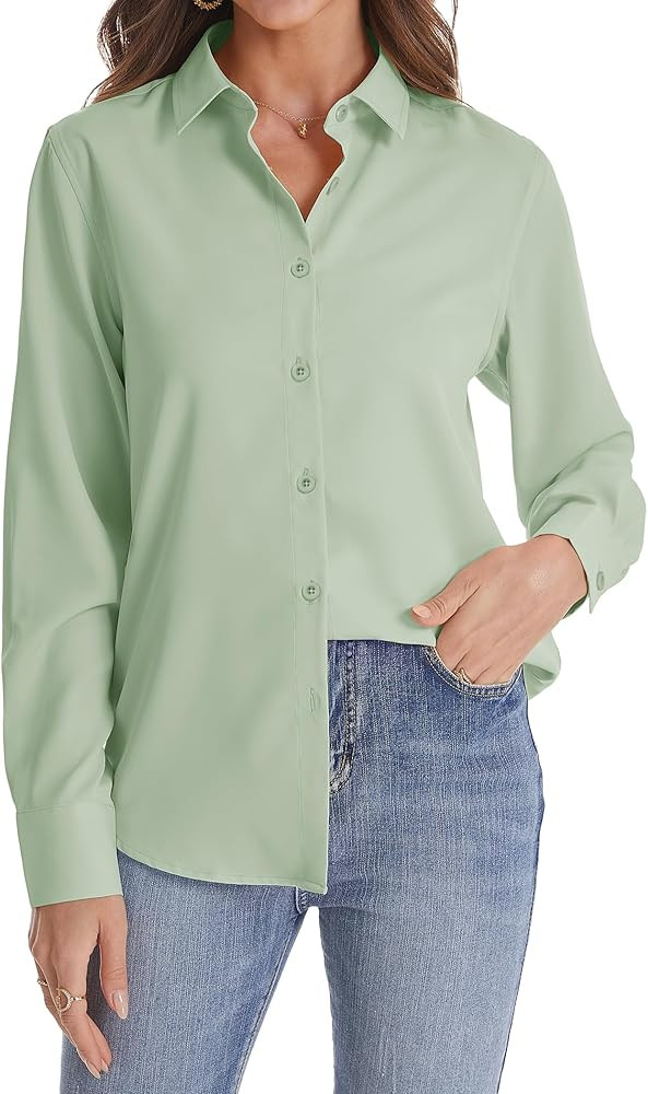 J.VER Womens Button Down Shirt Long Sleeve Solid Dress Shirts Chiffon Work Office Blouse Fashion ... | Amazon (US)