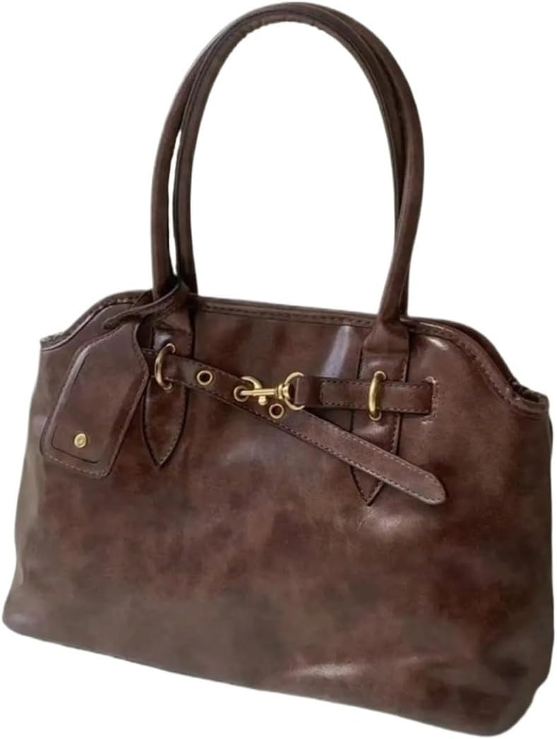 Women’s Vintage Leather Tote Bag, Casual Commuter Shoulder with Gold Buckle Detail | Amazon (US)