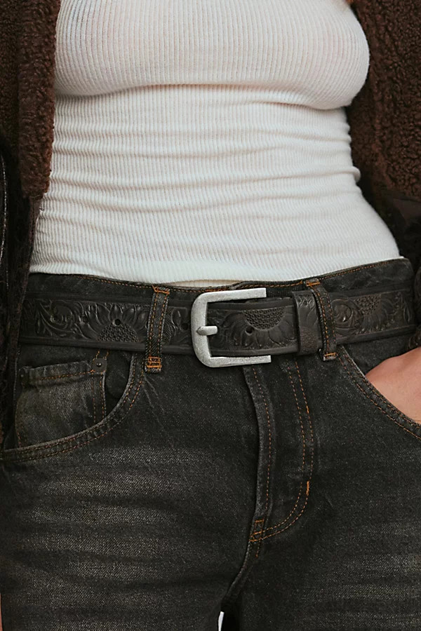 Western-Style Tooled Leather Belt in Black, Women's at Urban Outfitters | Urban Outfitters (US and RoW)