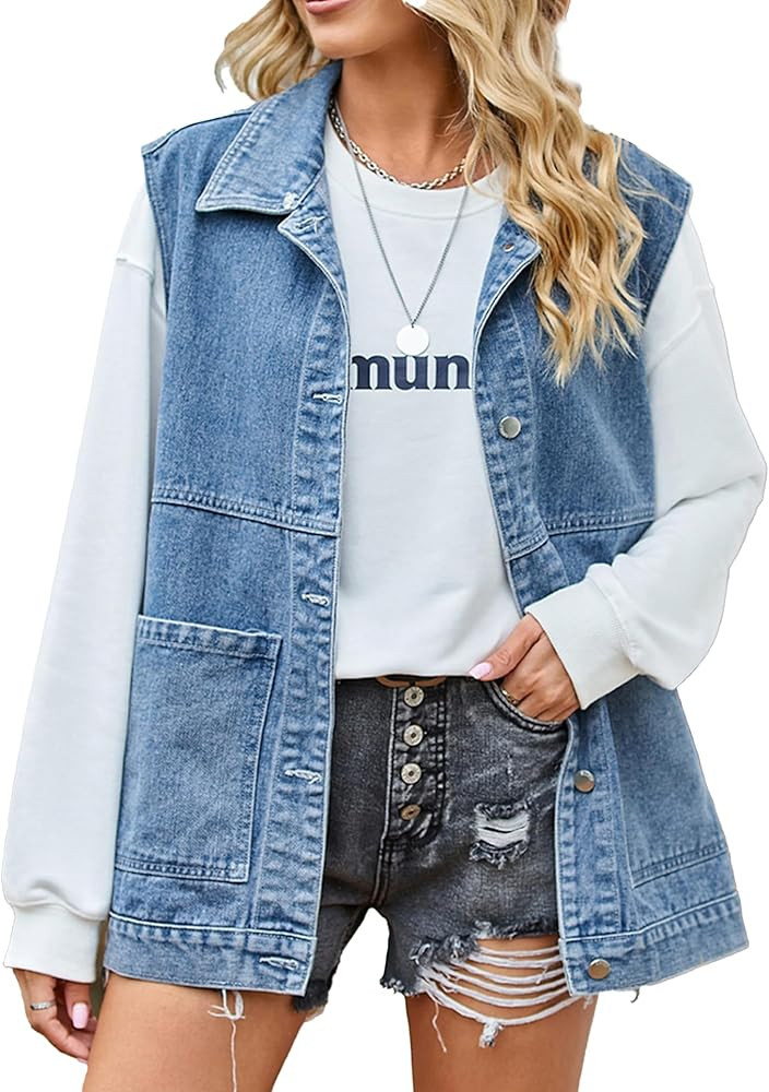 PAODIKUAI Women's Oversized Denim Vest Mid Long Jean Vest Sleeveless Jackets Distressed Vest Cott... | Amazon (US)