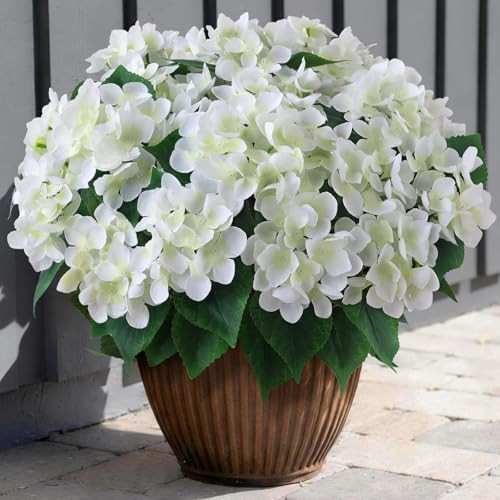 FOTEEWL 8 Bundles Artificial Hydrangea Flowers for Outdoor Decor, Realistic Faux Silk Bouquets Sun-Resistant Fake Plants for Front Door Balcony Farmhouse Garden Home Spring Summer Decor (White) | Amazon (US)