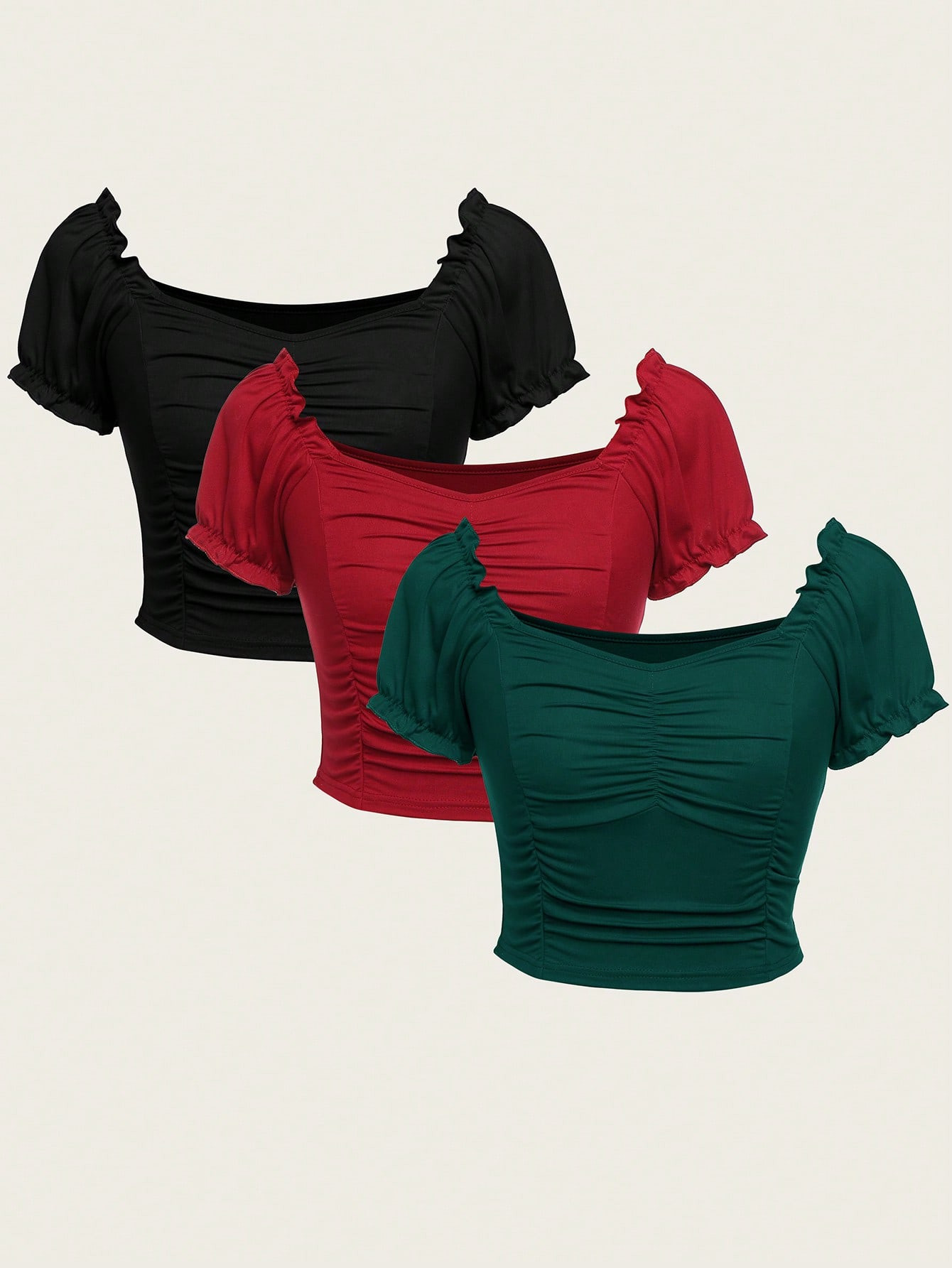 SHEIN Essnce 3pcs Ruched Bust Frill Trim Crop Tee | SHEIN