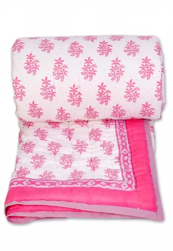 Pink Hand Block Print Quilt, Indian Reversible Razai Cotton Voile Handmade Floral Quilt, Jaipuri ... | Etsy (US)