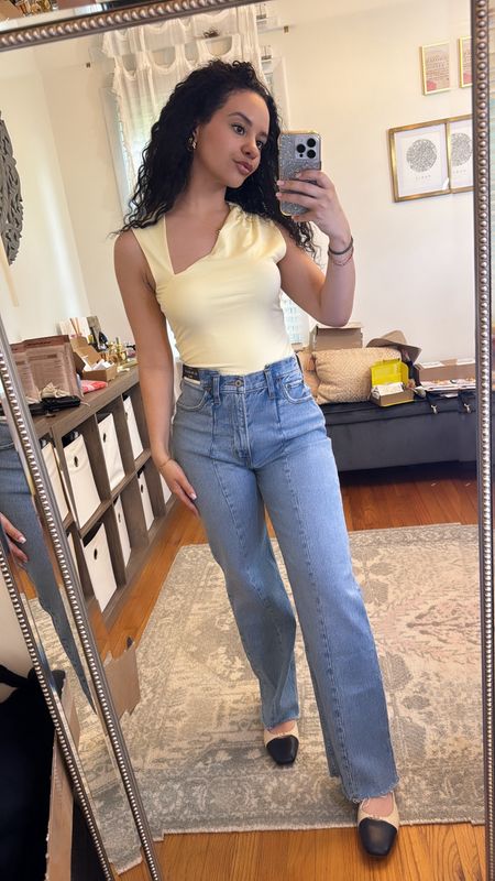 This outfit is so cute!!! Butter yellow is the color of the season! 🧈Wearing an XS in top and 26 S curve love jeans, TTS shoe 

#LTKworkwear #LTKSeasonal #LTKstyletip