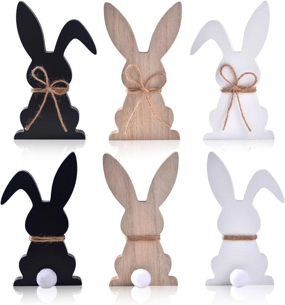 3PCs Easter Bunny Decor, Wooden Easter Bunnies Cutouts with Pompom Tail & Hemp Bow, Easter Tablet... | Amazon (US)
