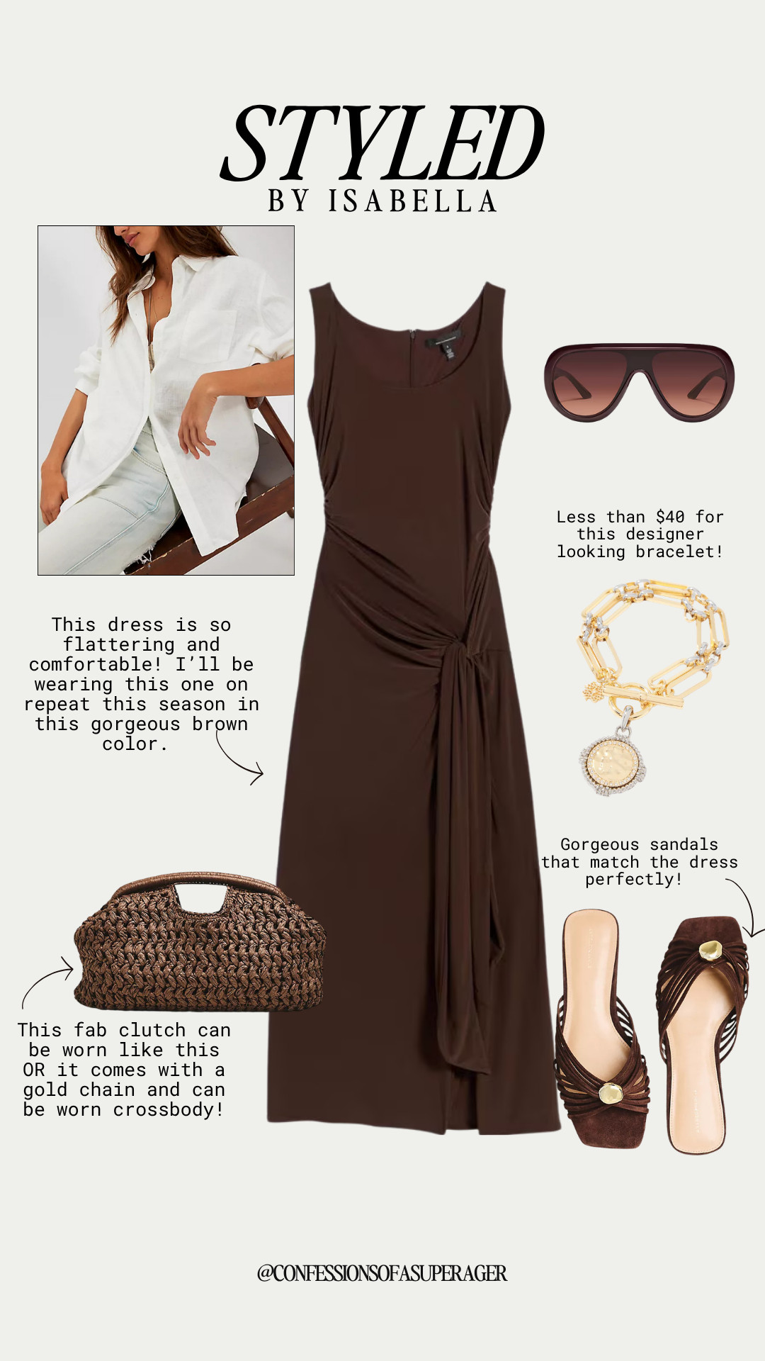 Chocolate brown is the neutral of the season, and this effortlessly chic brown midi dress is the perfect blend of timeless style and everyday comfort. Paired with a woven clutch, statement bracelet, designer-inspired sunglasses, and elegant brown sandals, this look is ideal for summer vacations, brunch dates, resort wear, and elevated casual outfits. Tap to shop all the details and save this outfit for your next warm-weather style inspiration! 🤎✨ #SummerStyle #BrownDress #MidiDress #ResortWear #VacationOutfit #NeutralStyle #ChicStyle #Over50Fashion #AgelessStyle #FashionOver40 #FashionOver50 #SummerFashion #LTKStyle #LTKFinds #LTKFashion #OOTD #CapsuleWardrobe #EffortlessStyle #BrunchOutfit #ConfessionsOfASuperAger

#LTKootd #LTKOver40 #LTKSaleAlert