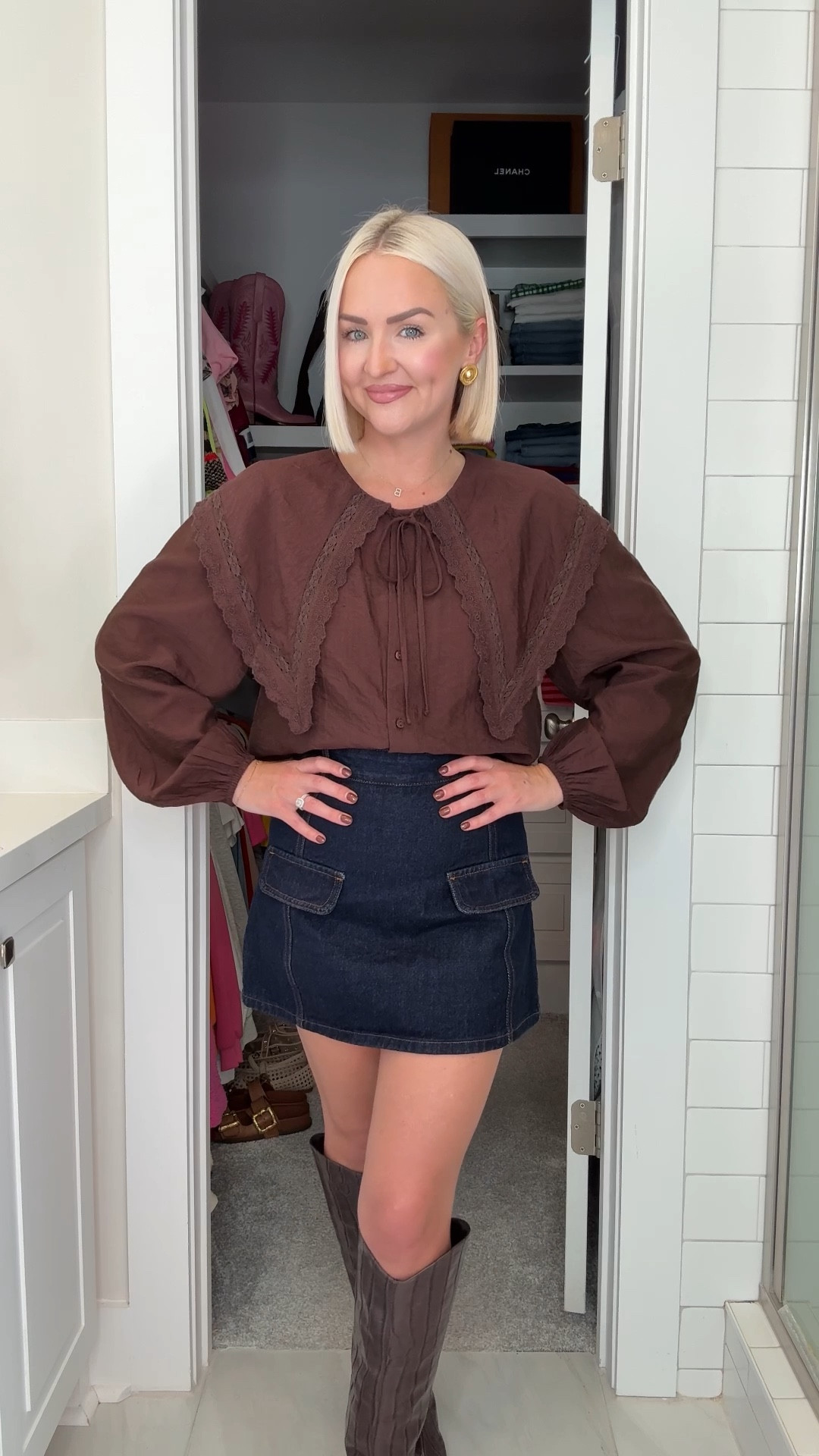 Thanksgiving outfit inspo / thanksgiving outfit ideas / brown Peter Pan collar blouse (XS) / denim mini SKORT (XS) 

#LTKPetite #LTKStyleTip