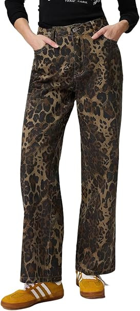 CHARTOU Womens Vintage Wide Leg Jeans Baggy Leopard Straight Pull On Jeans High Waist Button-Fly ... | Amazon (US)