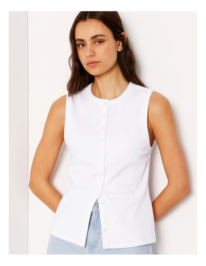Button Through Rib Tank in White | Myer