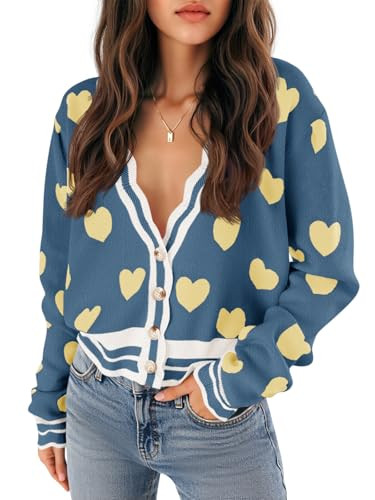 Saodimallsu Womens Cute Heart Cardigan Sweaters Button V Neck Long Sleeve Color Block Knit Valent... | Amazon (US)