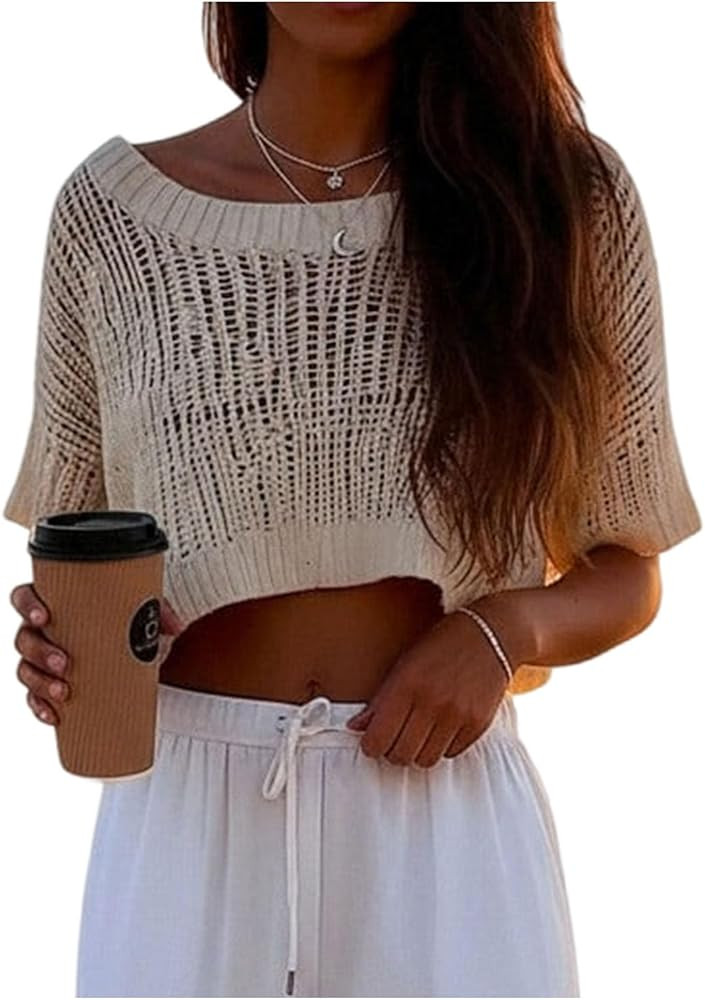 MakeMeChic Women's Crochet Crop Cover Up Sweater Hollow Out Short Sleeve Lightweight Pullover Sum... | Amazon (US)