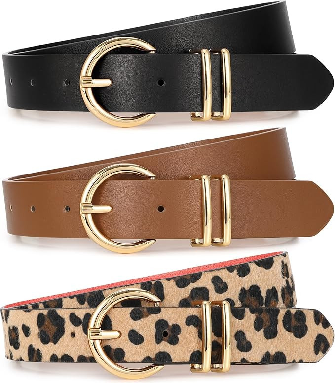 XZQTIVE 3 Pack Women Belts For Jeans Dresses Pants Ladies Leather Waist Belt with Gold Buckle | Amazon (US)