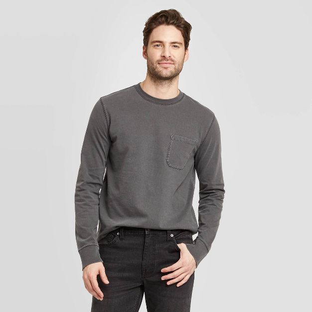 Men&#39;s Long Sleeve Garment Dyed Pocket T-Shirt - Goodfellow &#38; Co&#8482; Black Heather XL | Target