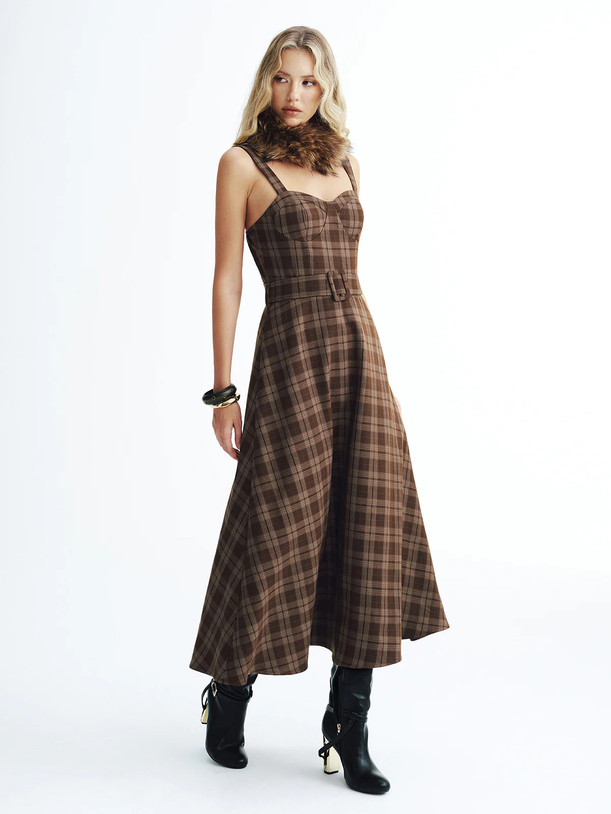 Belted Plaid Strappy Maxi Dress | Commense