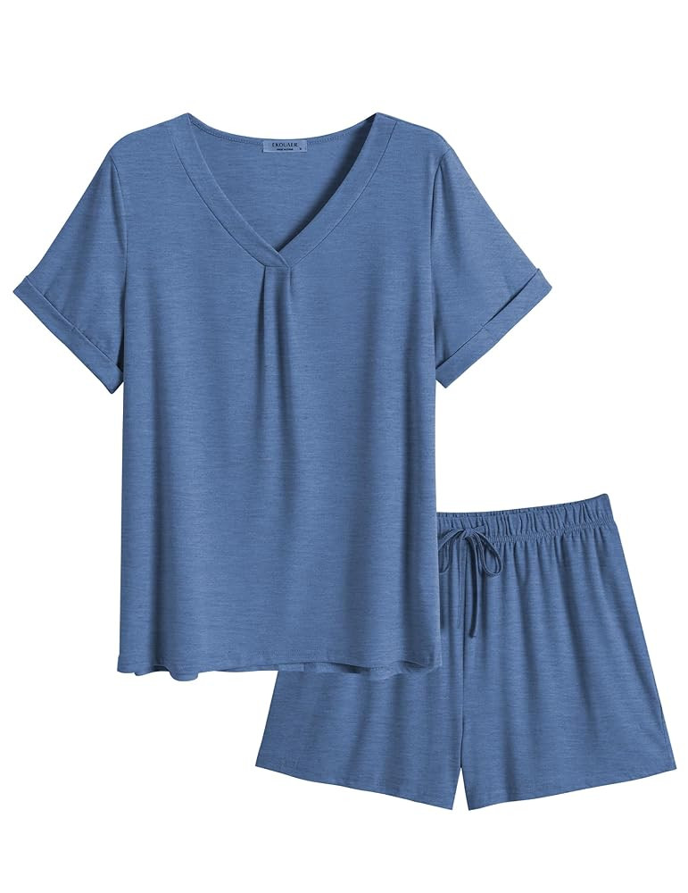 Ekouaer Pajamas Set Women's Short Sleeve 2 Piece PJ Sets V Neck Comfy Sleepwear Loungewear with P... | Amazon (US)