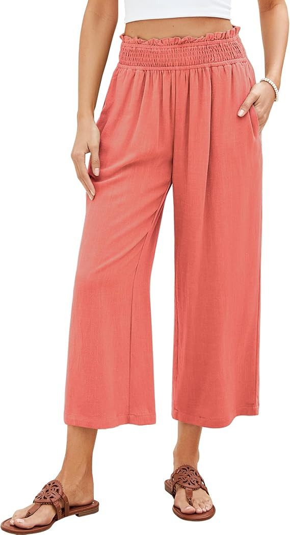 GRAPENT Capri Pants for Women High Waisted Wide Leg Linen Palazzo Trousers Pull On Elastic Smock ... | Amazon (US)
