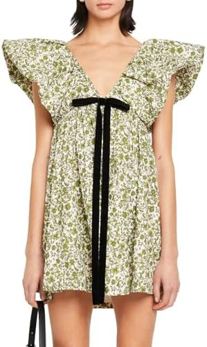 hibshaby Women's Floral Print Mini Dress V Neck Puff Sleeve Dress Short Babydoll Bow Dress | Amazon (US)