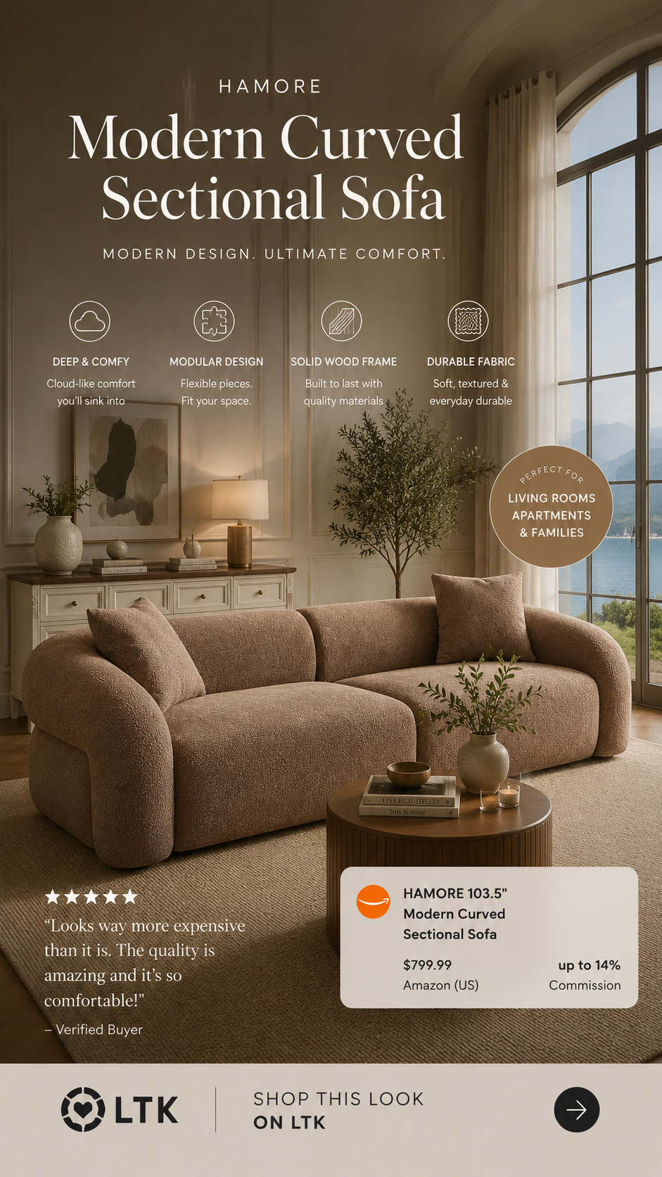 This sofa looks straight out of a luxury Pinterest home ✨
The curved silhouette, soft textured fabric, and warm neutral tone make the whole space feel instantly more expensive and elevated.

It’s giving quiet luxury, designer hotel vibes, and cozy modern living all at once 🤎

One of my favorite statement sofa finds lately — beautiful, sculptural, and actually looks high-end.

#interiordesign #luxuryhome #cozyhome #amazonhome #ltkhome 

 #LTKHome