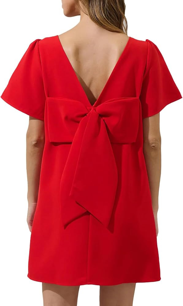SCOFEEL Women's Casual Mini Bow Dress Crew Neck Short Sleeves Loose Dress Swing Solid Shift Dress | Amazon (US)