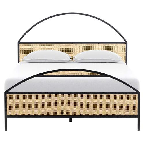 Talia Coastal Beach Black Iron Frame Natural Woven Cane Platform Bed - Queen | Kathy Kuo Home