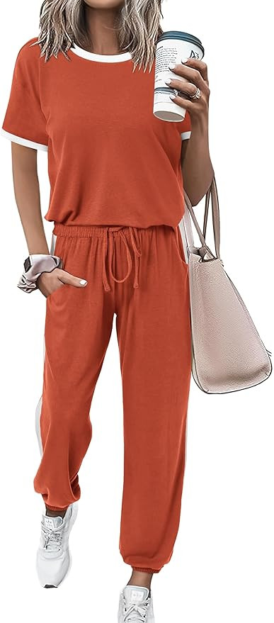 MASCOMODA Womens 2 Piece Outfits 2025 Summer Tracksuit Sets Short Sleeve Tops Travel Long Pants J... | Amazon (US)