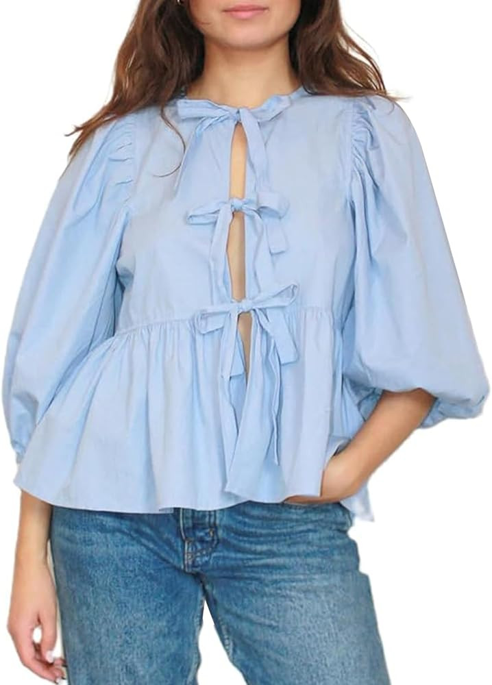 Yimoon Women's Y2K Puff Short Sleeve Peplum Shirt Tie Front Ruffle Hem Babydoll Blouse Cute Teen ... | Amazon (US)