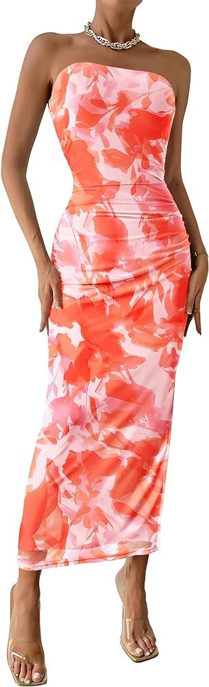 PRETTYGARDEN Women's Summer Maxi Bodycon Dresses Strapless Tube Top Printed Long Party Club Slit ... | Amazon (US)