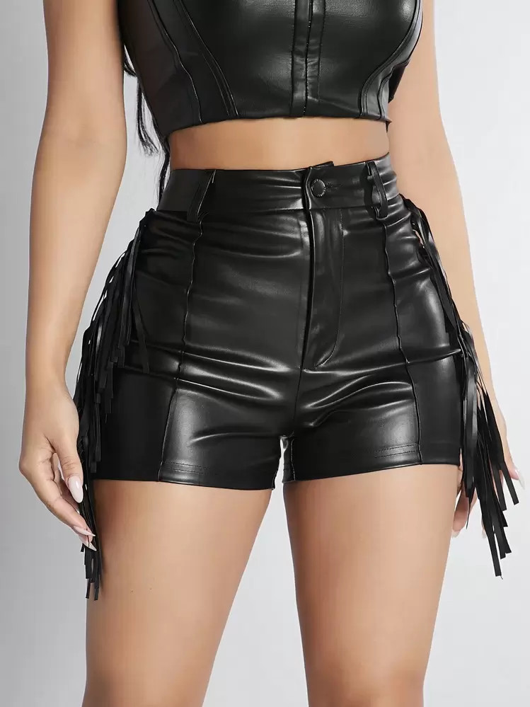 SHEIN PETITE Pu Tight Fringed Patchwork Shorts | SHEIN