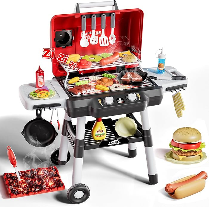 Kids Play Kitchen Toys, Kids BBQ Grill Playset\uff0c2-Tier Barbecue Toy with Wheels, Smoke Sound ... | Amazon (US)