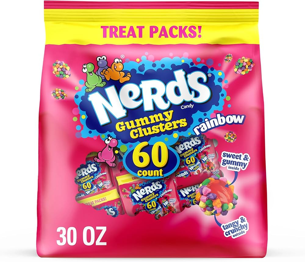 NERDS Gummy Clusters, Candy Treat Packs, Rainbow, Crunchy and Gummy, 30 oz (60 ct) | Amazon (US)