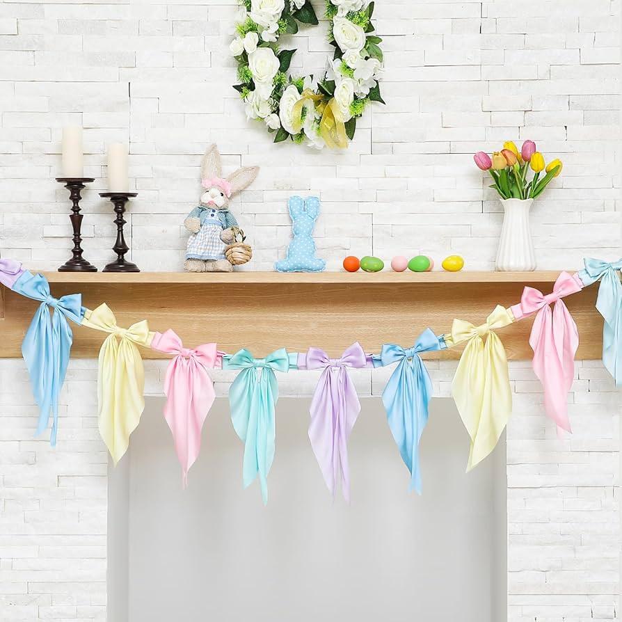Easter Bow Garland Banner, Pastel Satin Ribbon Hanging Party Bow Garland Decoration for Easter Bi... | Amazon (US)
